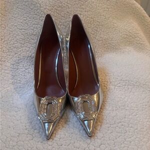 Amina Muaddi Silver Embellished Heels.
New, never worn, with dust bags.